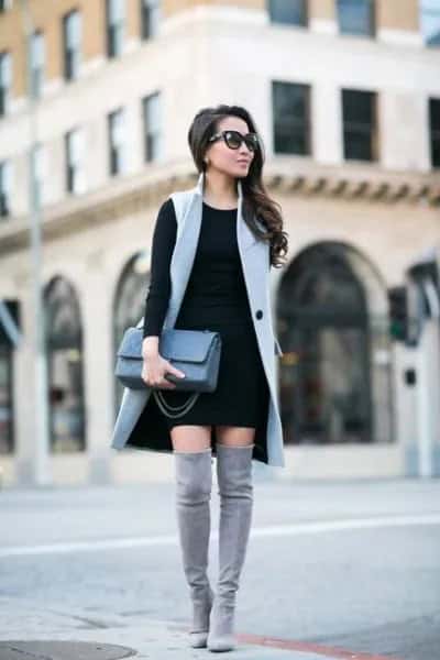 Grey Long Sleeveless Vest with Black Shift Dress