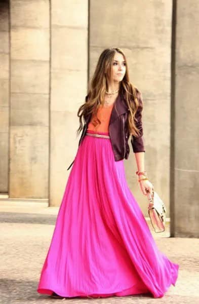 Black Leather Jacket with Hot Pink Maxi Skirt