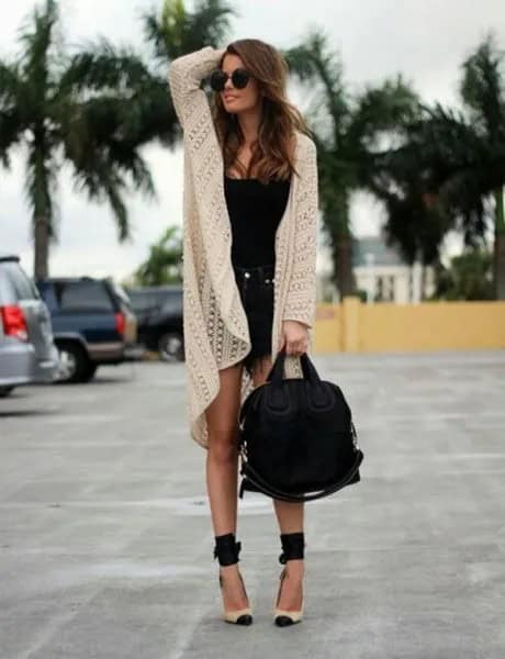 White Long Cardigan with Black Mini Fringe Denim Shorts