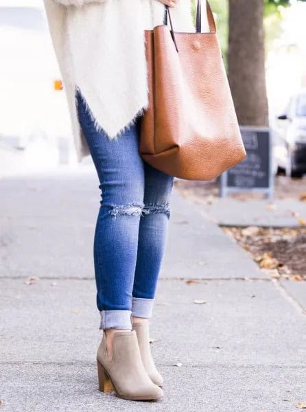 White Fuzzy Sweater with Light Grey Boots & Jeans