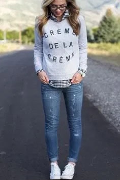 Light Grey Graphic Sweatshirt over Black and White Checkered Shirt