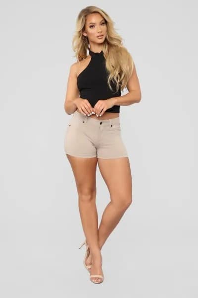 Black Halter Crop Top with Pale Pink High Waisted Jean Shorts