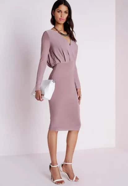 Pink Long Sleeve Bodycon Midi Dress