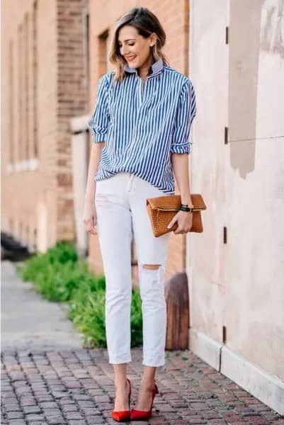 Black Striped Button Up Shirt with White Ripped Slim Fit Cropped Jeans