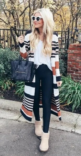 White T Shirt with Multi-Colored Striped Longline Coat & Snow Boots