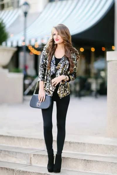 Gold Sequin Blazer with Black Long Vest Top & Leggings