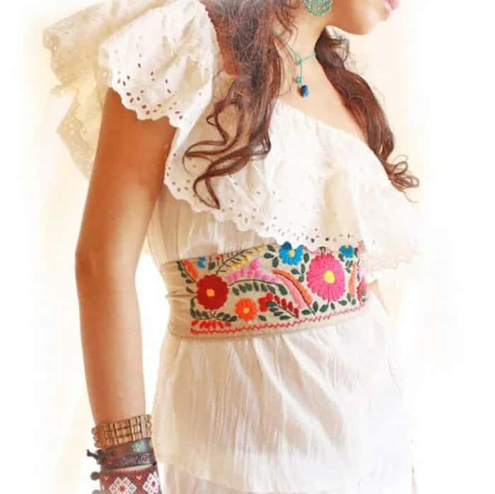 White One Shoulder Mexican Blouse with White Flared Midi Linen Skirt