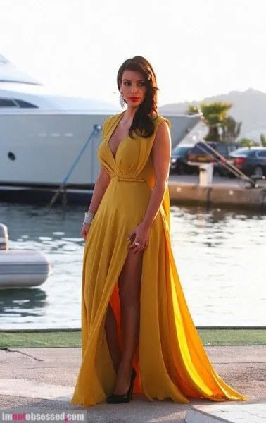 Yellow Chiffon High Split Deep V Neck Floor Length Dress