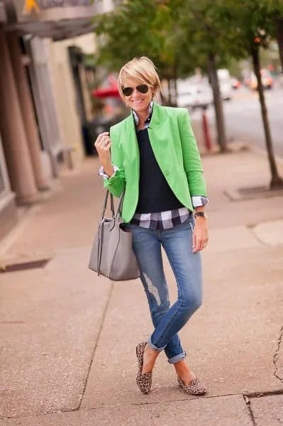 Pale Mustard Yellow Blazer with Boyfriend Plaid Shirt & Grey Leopard Print Dress Shoes