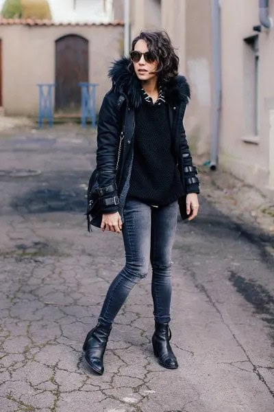 Black Short Coat with Fur Hood & Dark Grey Skinny Jeans