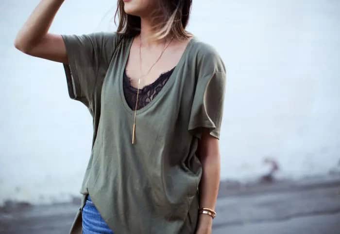 Grey Oversized Low Cut T Shirt over Black Lace Top