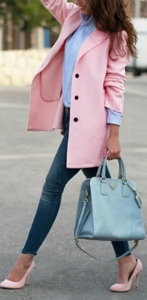 Blush Wool Coat with Blue Button Up Shirt & Light Pink Pointed Toe Heels