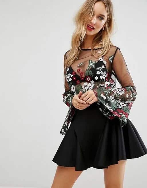 A-Line Skirt + Embroidered Mesh Top