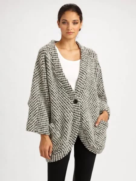 Grey and White Checkered Knit Oversized Jacket with Tank Top