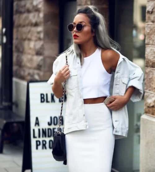 White Denim Jacket + Crop Top & Pencil Skirt