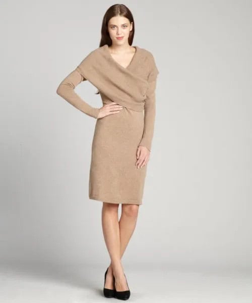 Crepe Wrap Collar Cashmere Dress