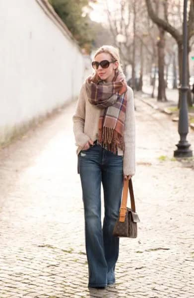 Light Grey Ribbed Sweater with Greyish Blue Boot Cut Jeans