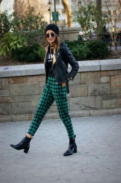 Black Moto Jacket with Knit Hat & Green Plaid Cropped Pants