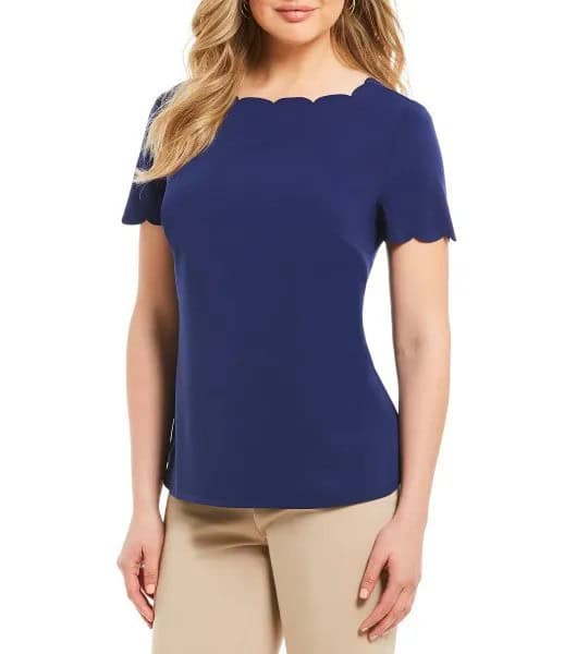 Navy Scalloped T Shirt with Pink Skinny Pants