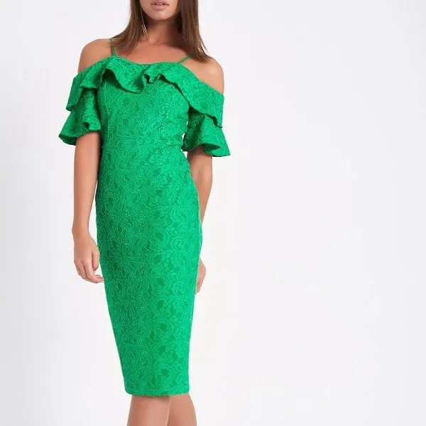 Light Green Lace Midi Ruffle Neckline Dress