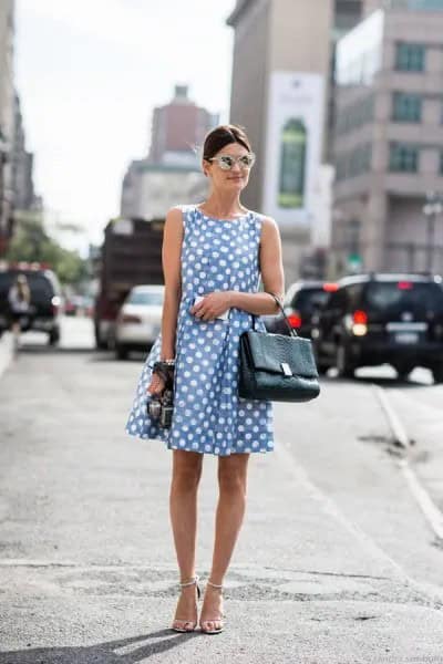 Blue and White Polka Dot Mini Flared Dress