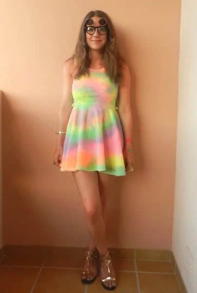 Pale Yellow and Sky Blue Mini Gathered Waist Tie Dye Dress