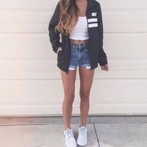 White Crop top with Denim Mini Shorts & Sneakers