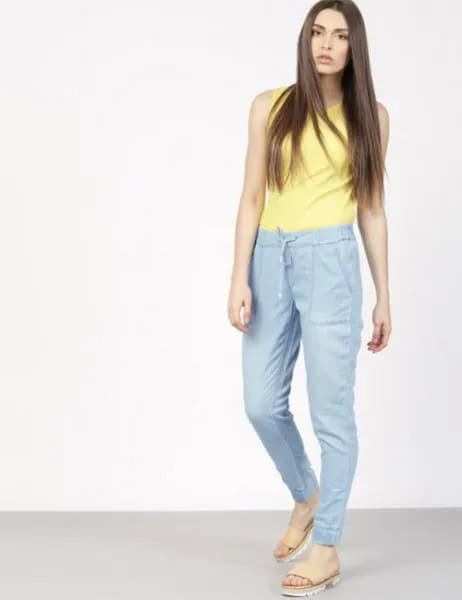 Yellow Sleeveless Top with Blue High Waisted Jogger Pants