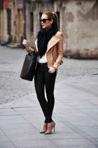 Faux Fur Black Scarf with Leather Brown Jacket & Striped Heels