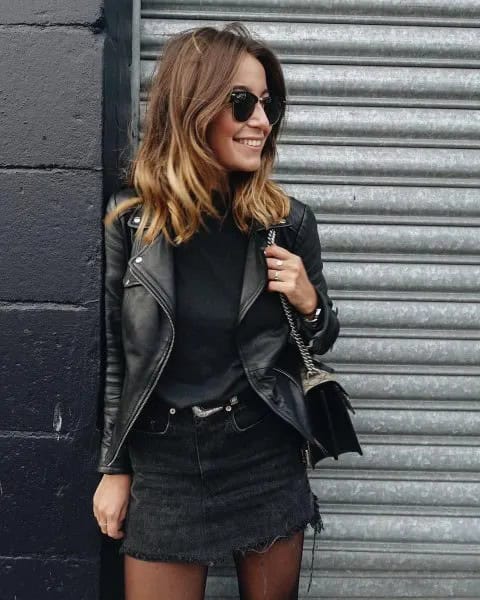 Black Denim Skirt with Sweater & Leather Moto Jacket