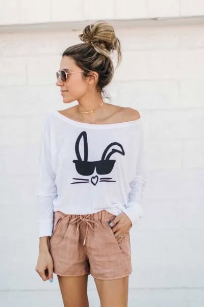 White Printed One Shoulder Long Sleeve Tee with Blush Pink Linen Shorts