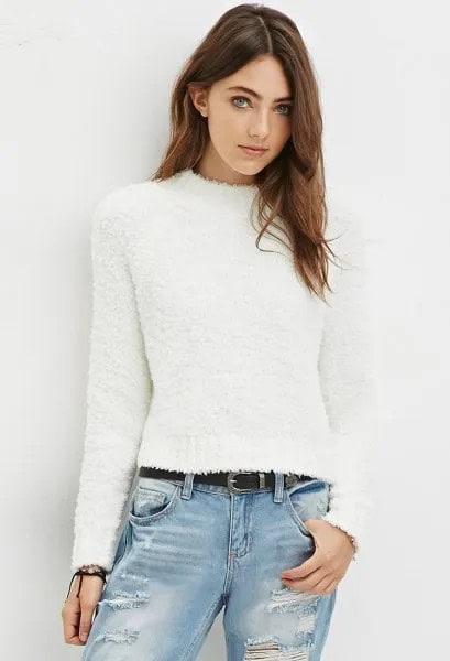 White Fuzzy Mock Neck Sweater with Boyfriend Jeans