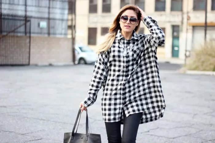 Black and White Plaid Tunic with Leather Leggings