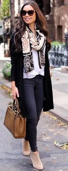 Long Cardigan with White Blouse & Tribal Printed Wool Scarf