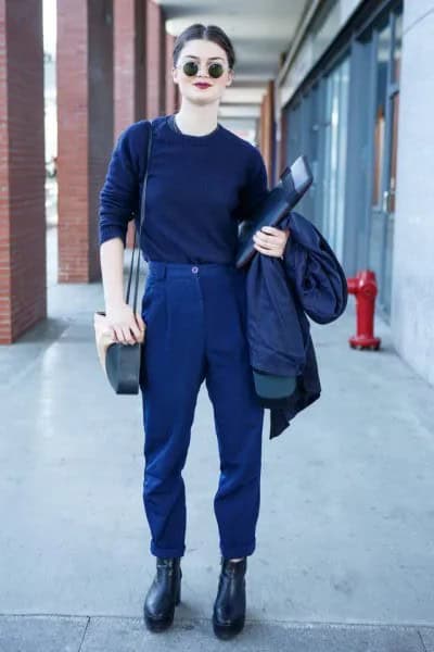 Navy Blue Sweater with Matching Pants & Leather Boots