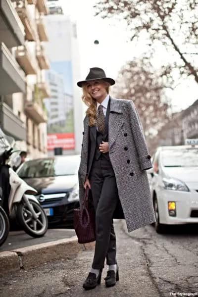 Grey Plaid Long Tweed Coat with Black Suit