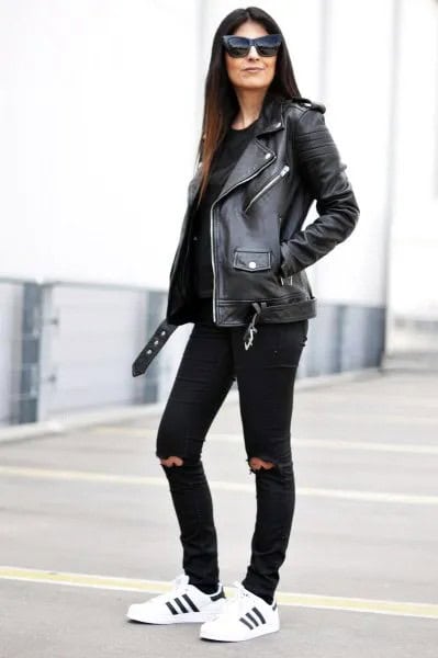 Black Leather Biker Jacket with Knee Ripped Slim Fit Jeans