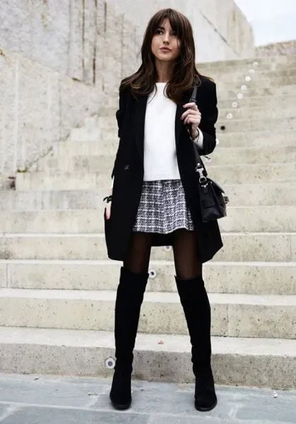 Black Long Blazer with Mini Plaid Skirt & Over The Knee Boots