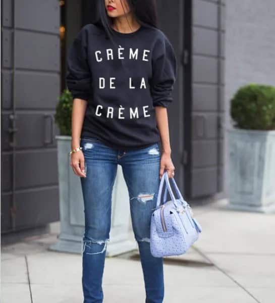 Black Chunky Sweater with Blue Ripped Slim Fit Jeans