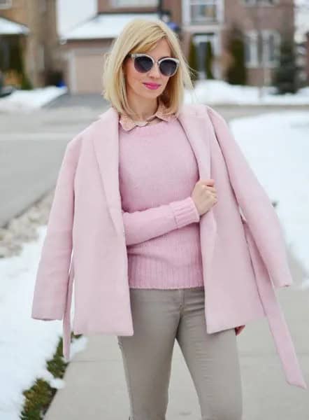 Pink Wool Coat with Matching Fitted Knit Sweater