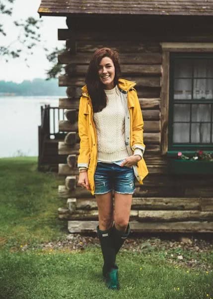 White Knit Sweater, Denim Shorts & Rain Boots