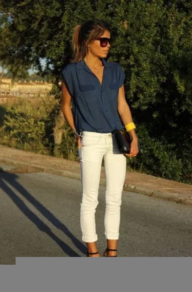 Dark Navy Blue Sleeveless Blouse with White Cuffed Jeans