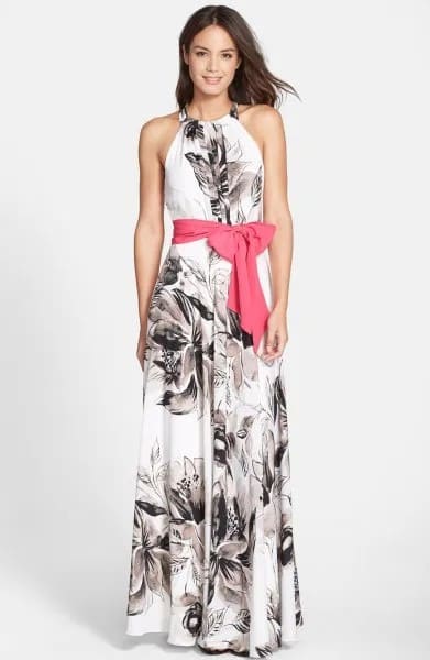 White and Black Floral Printed Ribbon Tie Waist Maxi Dress