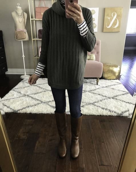 Green Mock Neck Ribbed Sweater with Black and White Striped Long Sleeve Tee