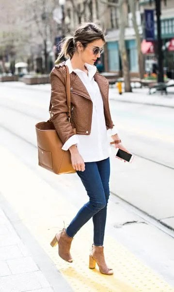 Brown Short Leather Jacket with White Long Button Up Shirt