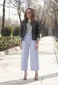 Black Bomber Jacket with Black and White Striped Sweater & Wide Leg Blue Pants