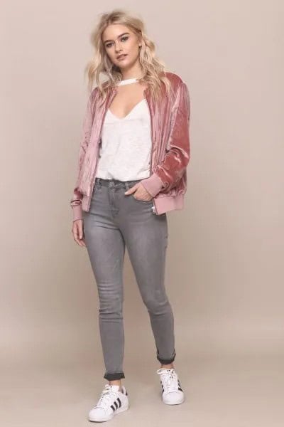 Rose Gold Velvet Bomber Jacket with White Deep V Neck Top