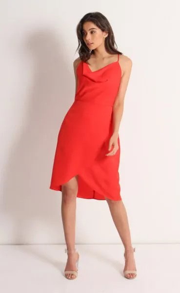 Red Cowl Neck Knee Length Tulip Dress