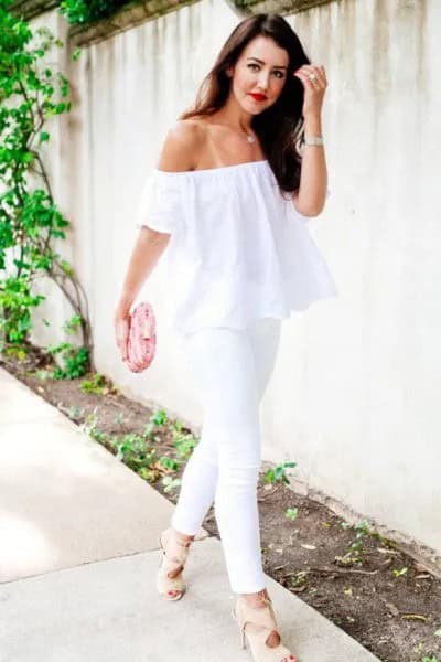 White Pants with Matching Off The Shoulder Blouse