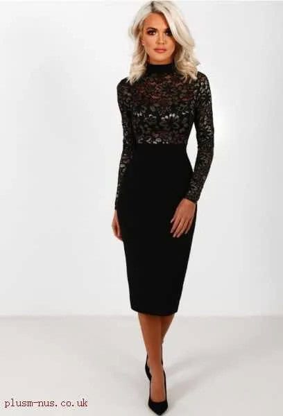 Black Mock Neck Lace Midi Bodycon Dress with Ballet Heels